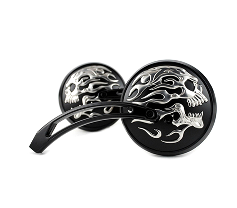 Round Skull and Flame Mirror Set with Curved Stems Black