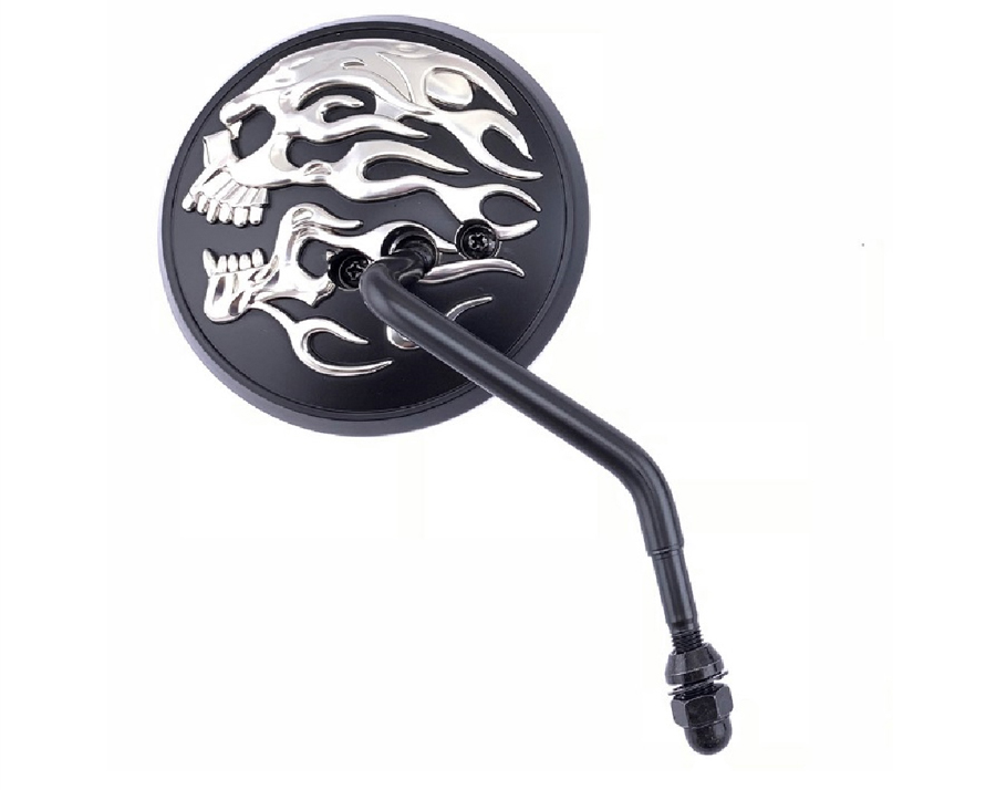 Round Skull and Flame Mirror Set with One Piece Stems Black