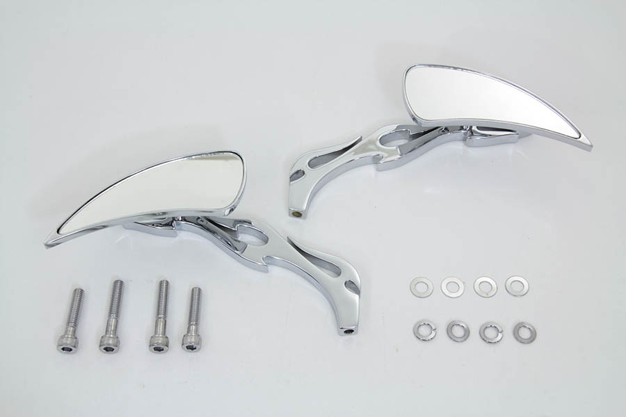 Chrome Tear Drop Mirror Set with Billet Flame Stems