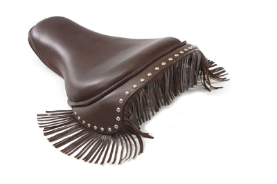 Brown Leather Buddy Seat with Fringe Skirt for 1936-84 Models